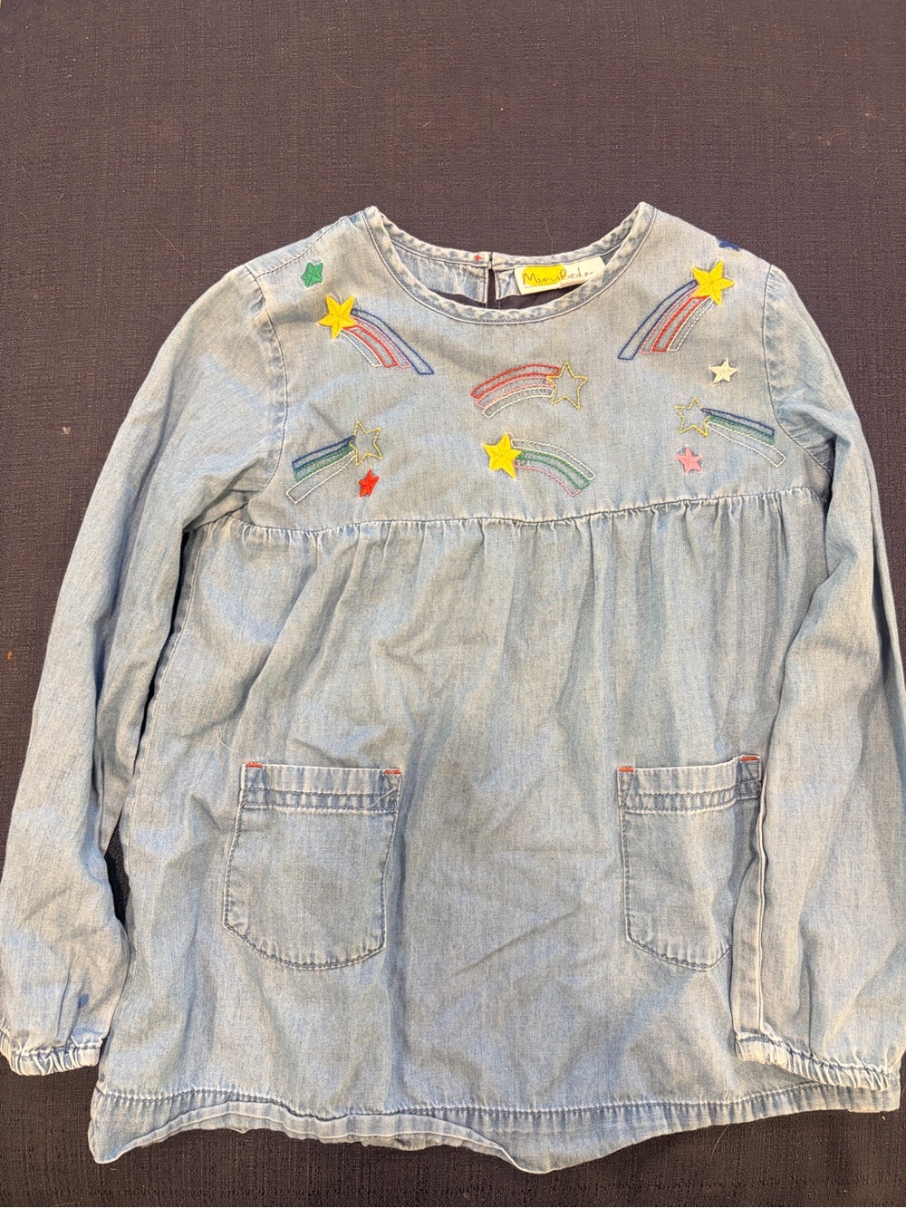 Mini Boden Light Blue Denim Jacket with Rainbow & Yellow Star Accents